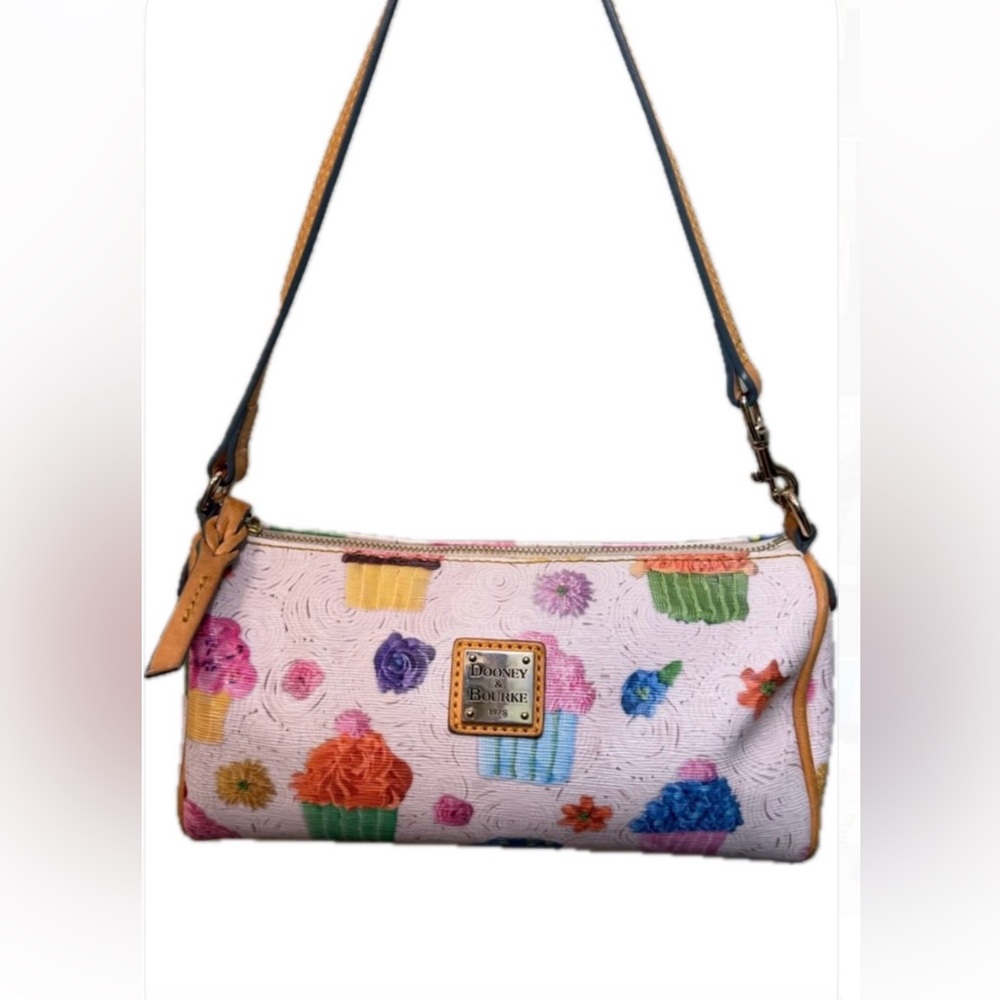 Dooney & Bourke Colorful Cupcake Barrel Bag white & tan leather silver EUC